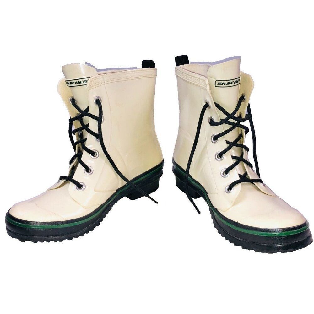 Vintage Skechers Womens 8 Ivory Rain Boots Black Laces Rubber